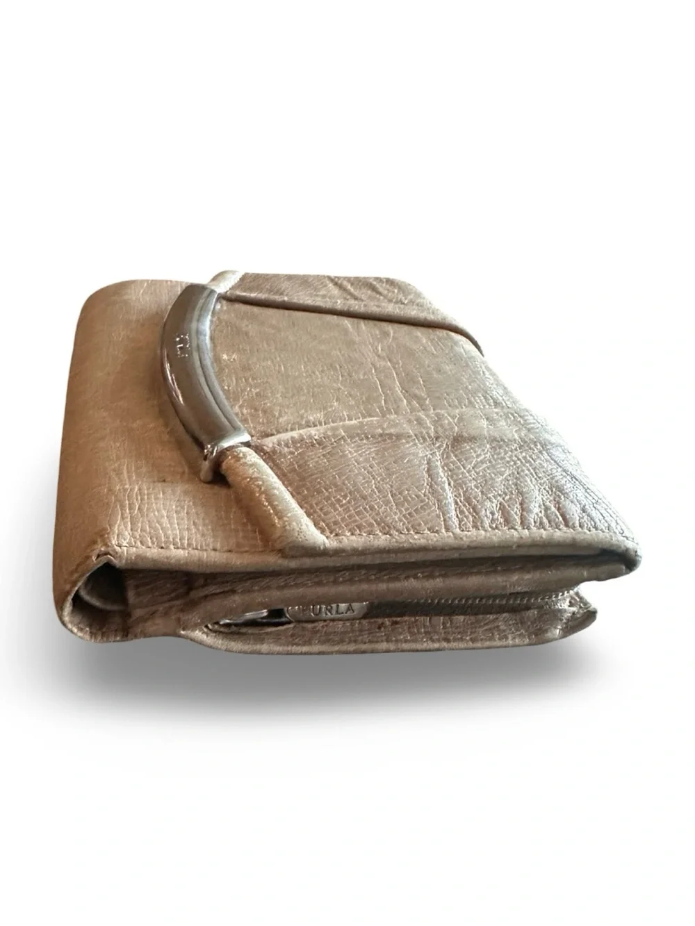 Authentic Furla Cream Beige Textured Leather Flap Wallet / Clutch - Silver Hardw